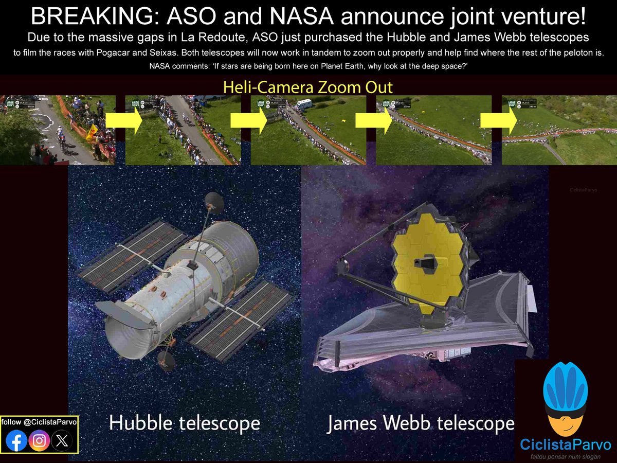 BREAKING: Due to the massive gaps in La Redoute, ASO purchased Hubble &amp; James Webb telescopes to film the races with Pogacar <a href="/TamauPogi/">Tadej Pogačar</a> and <a href="/seixas_paul/">Paul Seixas</a>. 
NASA: 'If stars are being born here on Planet Earth, why look at the deep space?'

<a href="/LiegeBastogneL/">Liège-Bastogne-Liège</a> #humor #fun #ciclistaparvo