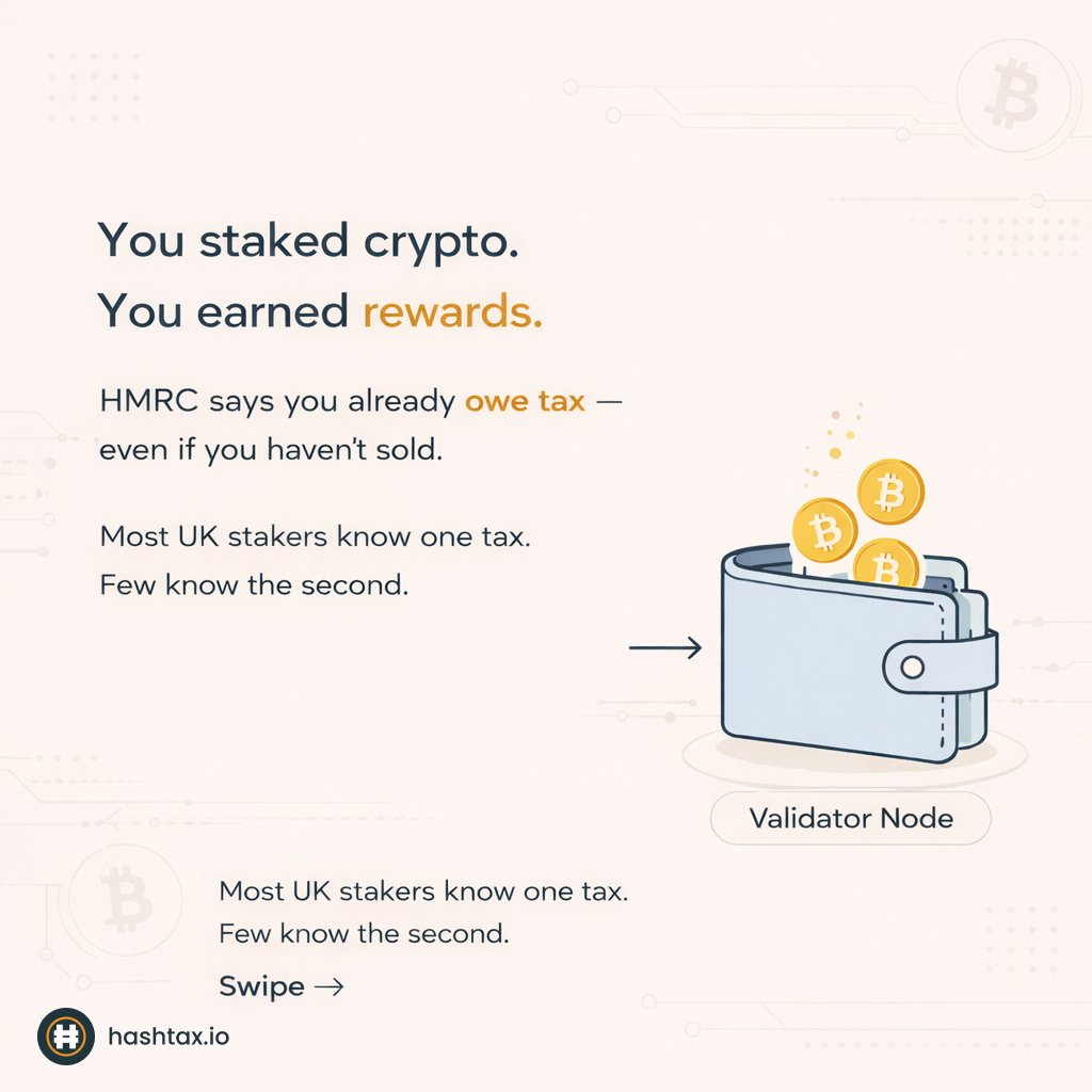HashTaxHQ's tweet image. You earned rewards… but the taxman noticed first 👀
Staking isn’t tax-free even before you sell.
Know both taxes before they catch you off guard.
#CryptoTax #StakingRewards #HMRC #CryptoInvesting #TaxTips