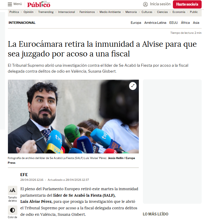La Eurocámara retira la inmunidad a Alvise para que sea juzgado por acoso a una fiscal.
Aseguró que sería inviolable judicialmente. También que sortearía su sueldo todos los meses y publicaría audios que haría caer al gobierno.
Siempre miente.
publico.es/internacional/…