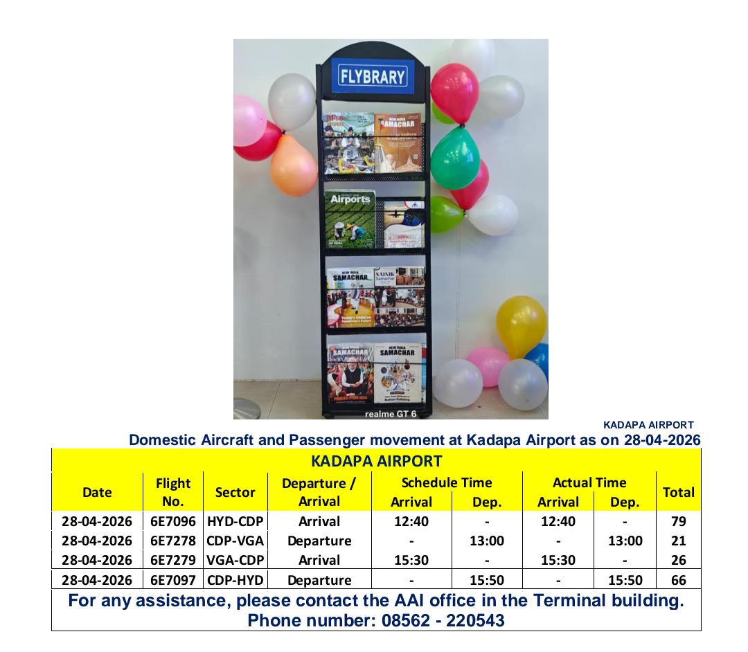 Domestic Aircraft and Passenger movement at Kadapa Airport as on 28-04-2026