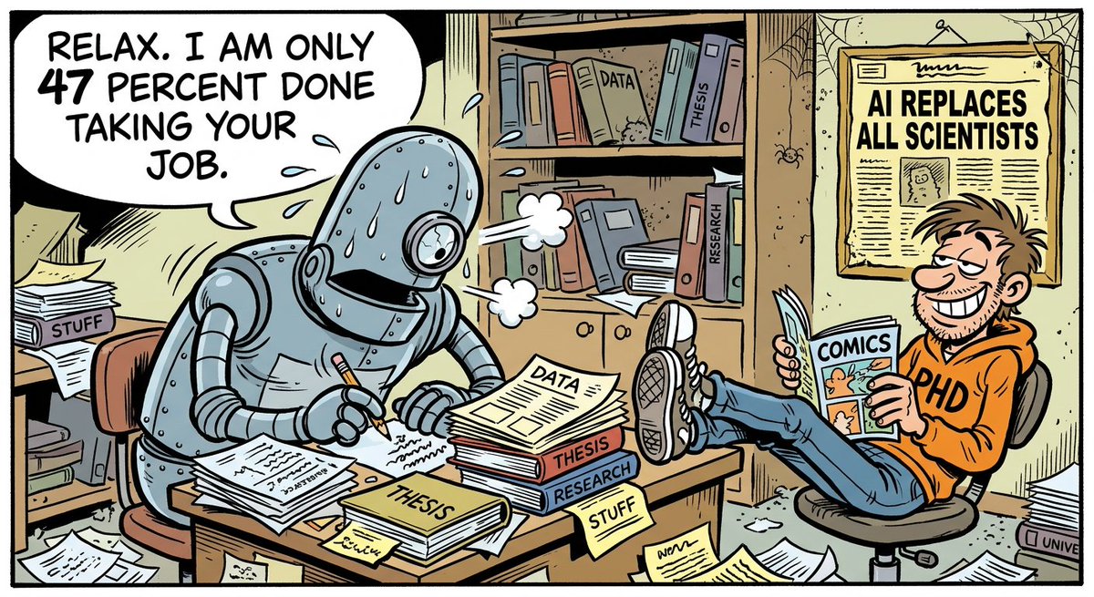 HolyQuark's tweet image. Scientists outperform the best AI agents 2:1 on real research tasks. The future arrived. It's scoring 47%.

#ScienceHumor #TechHumor