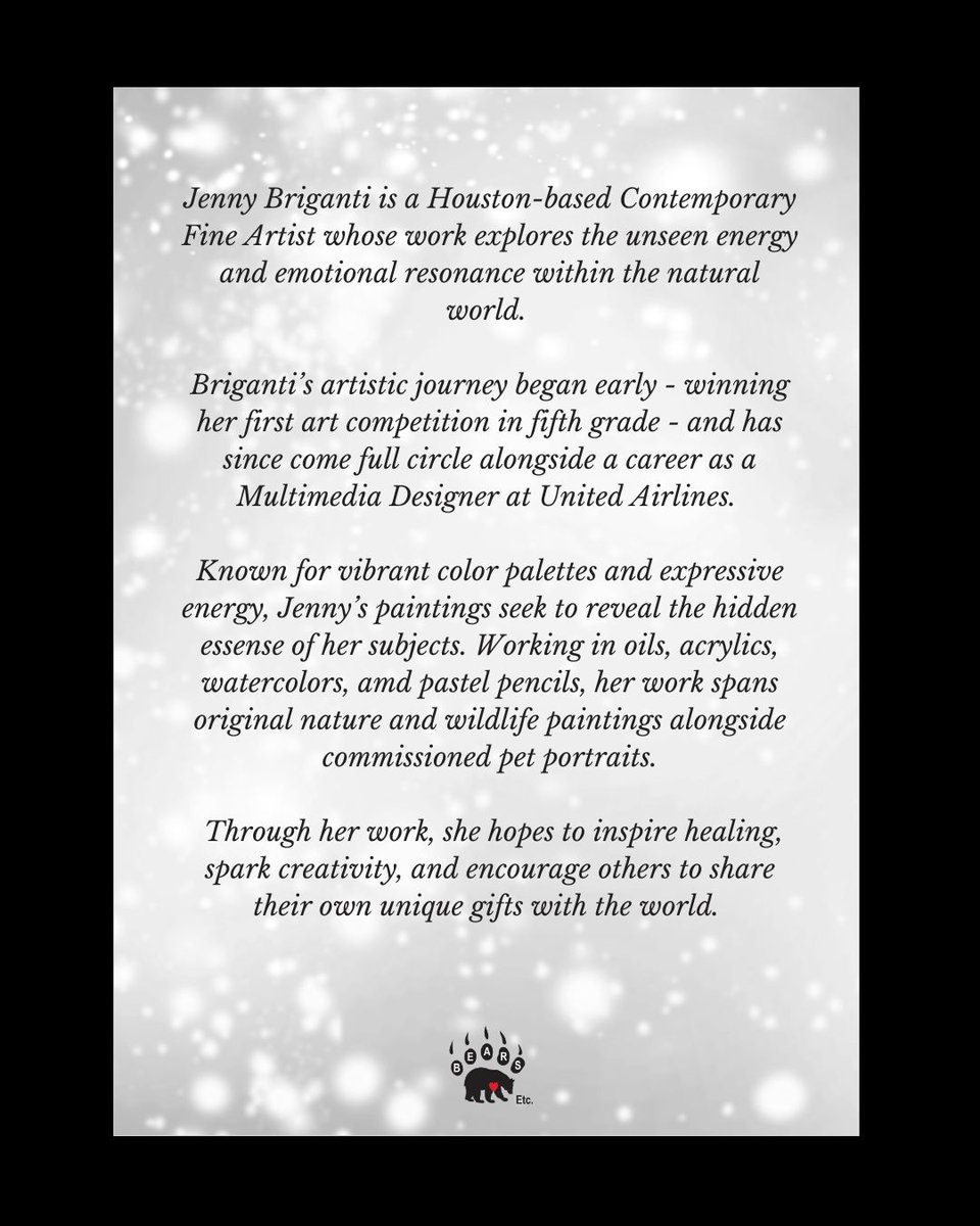 Our third featured artist is Jenny Briganti! @jennybrigantiart We can't wait to share her wonderful work with all of you at the Art of the Wild Gala, hosted on June 18 at the Kevin Brady Community Center in The Woodlands, TX.

Get your ticket today!