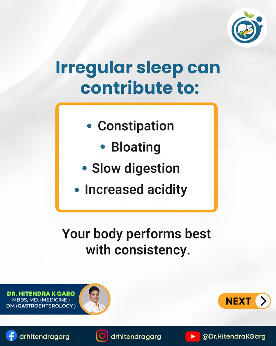 DrHitendraKGarg's tweet image. Sleeping late and waking up tired? 😴 Your gut health could be affected too. Irregular sleep may cause bloating, acidity &amp;amp; slow digestion. Fix your routine, support your gut. 💙 

Visit: drhitendrakgarg.com

#GutHealth #SleepHealth #DigestiveHealth #HealthTips