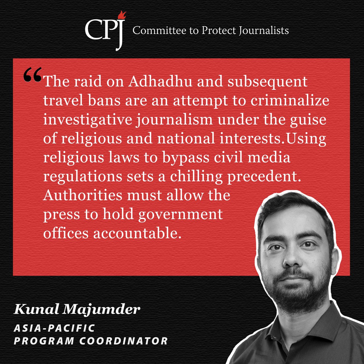 #Maldives: Maldivian authorities must immediately return seized equipment to the independent news outlet Adhadhu, lift travel bans on its staff, and cease using criminal allegations to silence reporting on the president, the Committee to Protect Journalists said Tuesday.

On
