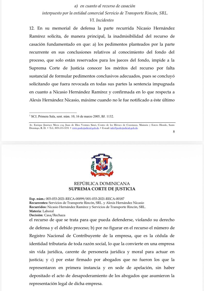 FJimenezRD's tweet photo. Poder de representación y presunción de mandato. Las actuaciones que realicen los abogados en representación de terceras personas están amparadas por una presunción de mandato, que solo puede desvirtuarse por estas últimas mediante el procedimiento de denegación de actos de abogados. Factum: recurrida que plantea la nulidad del recurso de casación sobre la base de que los abogados que figuran suscribiendo la instancia no son los mismos que actuaron en los tribunales del fondo.