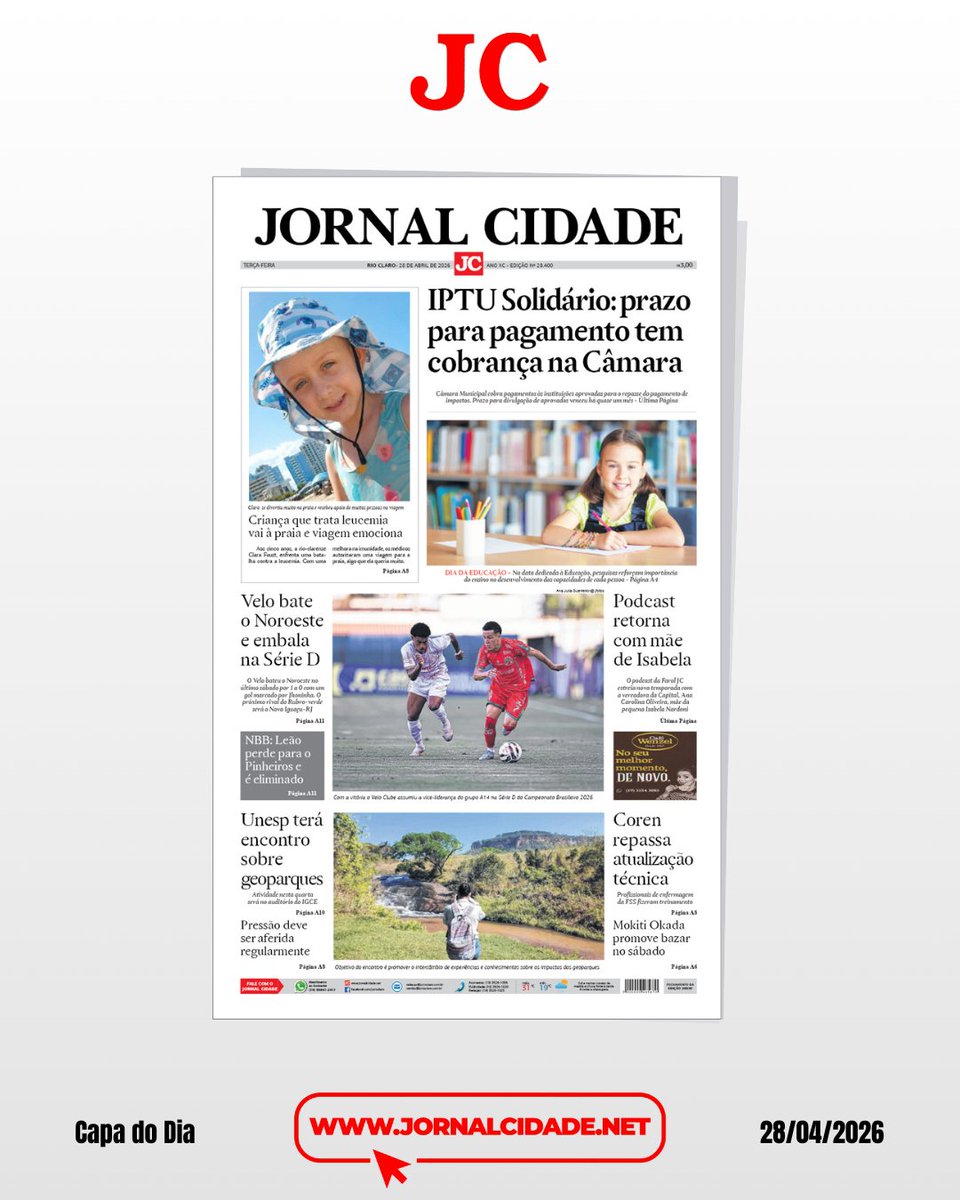 Bom dia, o JC já está nas bancas! Esta é a capa do #jcrioclaro desta terça-feira (28). 

📱 Receba em casa assinando pelo telefone 3526-1000.

#capadodia #manchetes #rioclaro #região