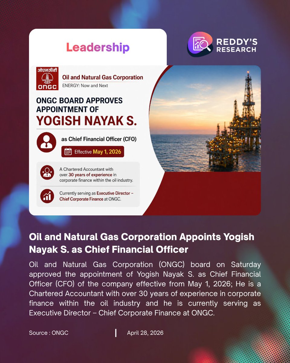 ReddysResearch's tweet image. Oil and Natural Gas Corporation Appoints Yogish Nayak S. as CFO.

#ongc #corporatenews #leadershipupdate #cfo #businessnews
