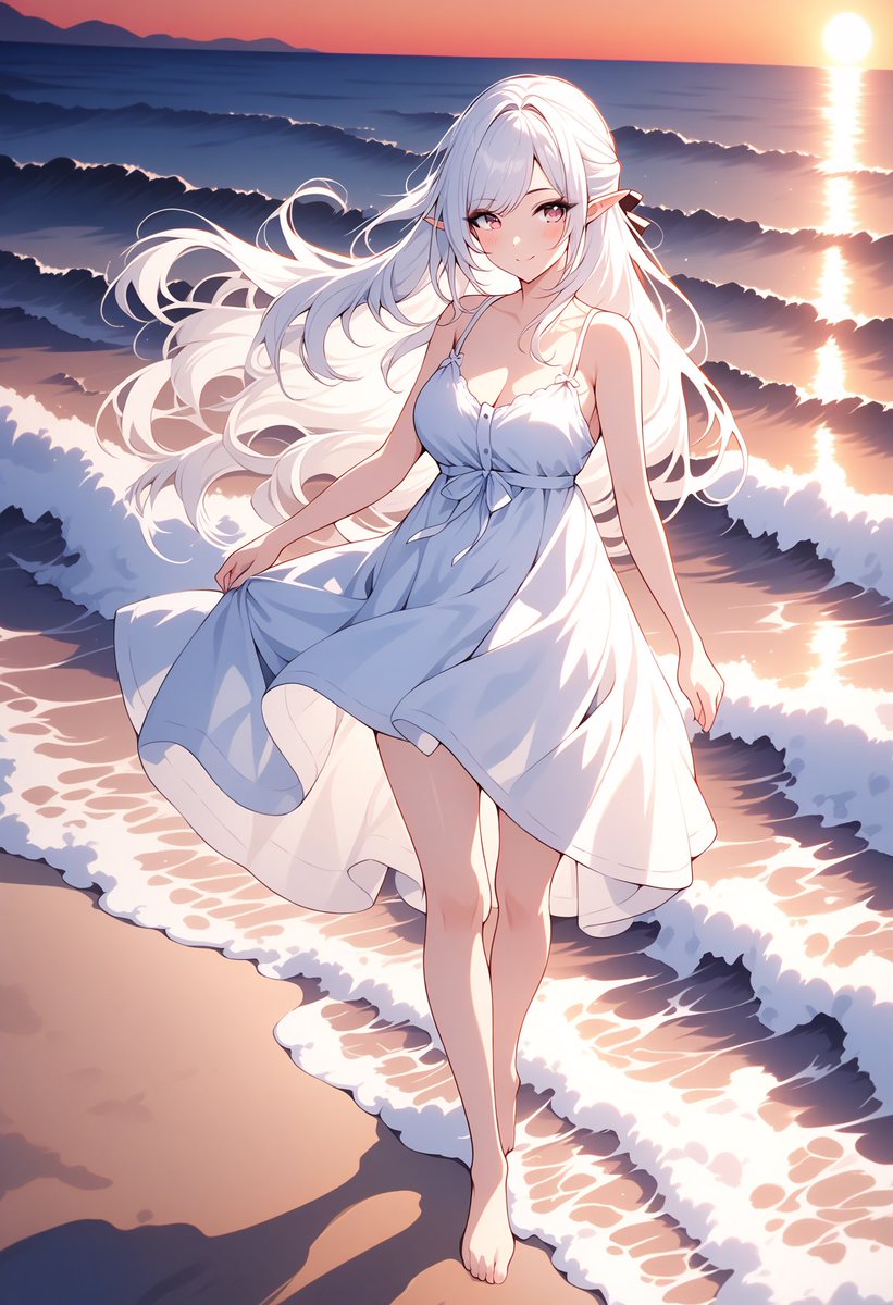 K_GEA_0921's tweet image. #AIイラスト　#夕日 
#銀髪　#エルフ　#海