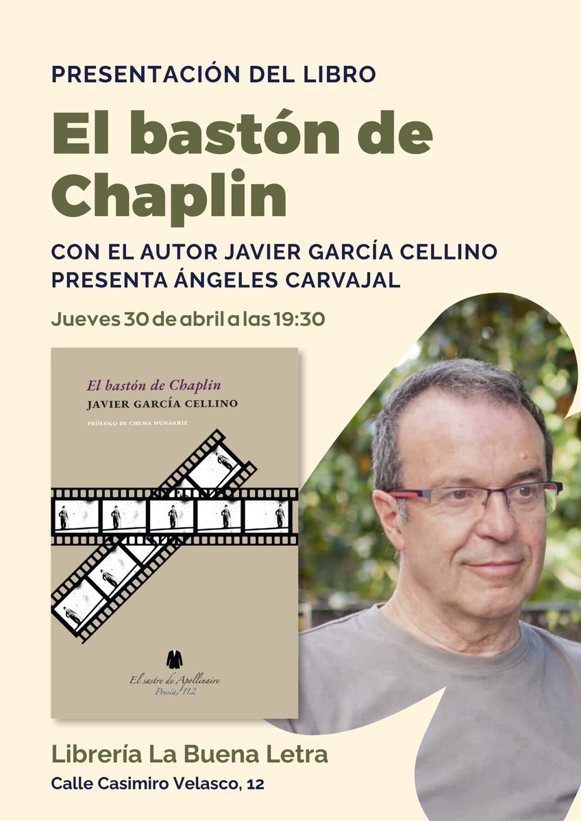 Pasado mañana, jueves 30 de abril, en Gijón:

#librosrecomendados📚 #yaenlibrerías #poesíaenvivo #presentacionesdelibros #javiergarcíacellino #cineypoesía #cinemudo #elbastóndechaplin
