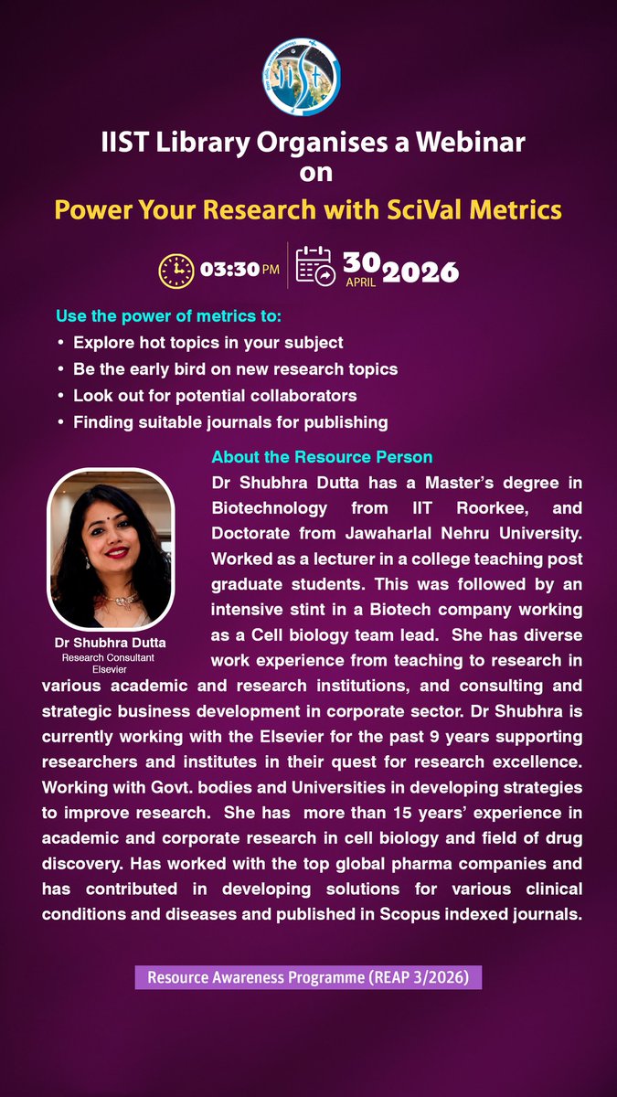 IIST_Trivandrum's tweet image. 𝗪𝗲𝗯𝗶𝗻𝗮𝗿 𝗼𝗻 𝗣𝗼𝘄𝗲𝗿 𝗬𝗼𝘂𝗿 𝗥𝗲𝘀𝗲𝗮𝗿𝗰𝗵 𝘄𝗶𝘁𝗵 𝗦𝗰𝗶𝗩𝗮𝗹 𝗠𝗲𝘁𝗿𝗶𝗰𝘀

#webinar #SciVal #research #Researchmetrics #Library #iistprogrammes #iistlibrary