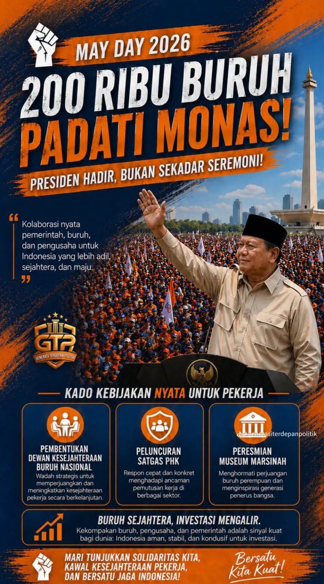 rizaldy1102's tweet photo. May day 2026 menjadi pembuktian keseriusan pemerintah ke buruh. Prabowo hadir bawa DKBN, satgas PHK dan museum Marsinah. Itu bukan pencitraan tapi kebijakan nyata. 

#prabowohadir
#mayday
#jagaindonesia
#indonesiaprima
#rakyatbiasaprima https://t.co/jWR01Nbvpq