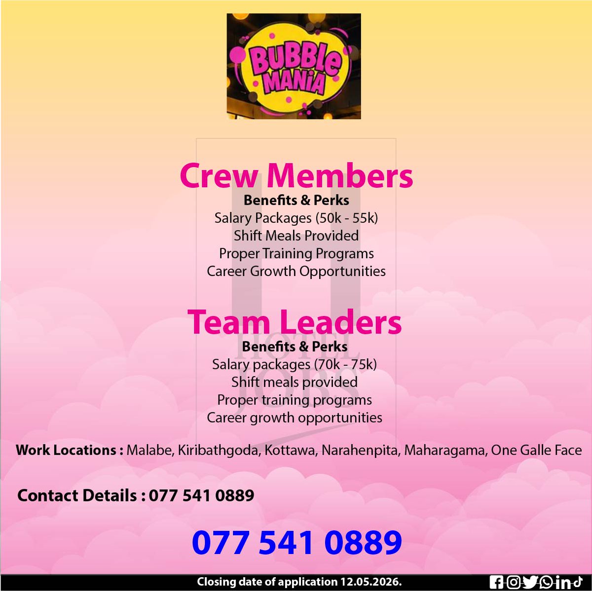 hotel_jobs_lk's tweet image. Bubble Mania Vacancy Announcement.
Refer the advertisement for details.
Closing date of applications 12.05.2026.
Locations - Malabe, Kiribathgoda, Kottawa, Narahenpita, Maharagama,
One Galle Face
Contact : 077 541 0889
#vacancies #hoteljobs #HotelVacancies #resorts #cafe #tourism
