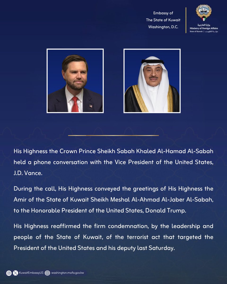 KuwaitembassyUS's tweet photo. Telephone Call Between His Highness the Crown Prince Sheikh Sabah Khaled Al-Hamad Al-Sabah and U.S. Vice President J. D. Vance https://t.co/9yPNaO3caw