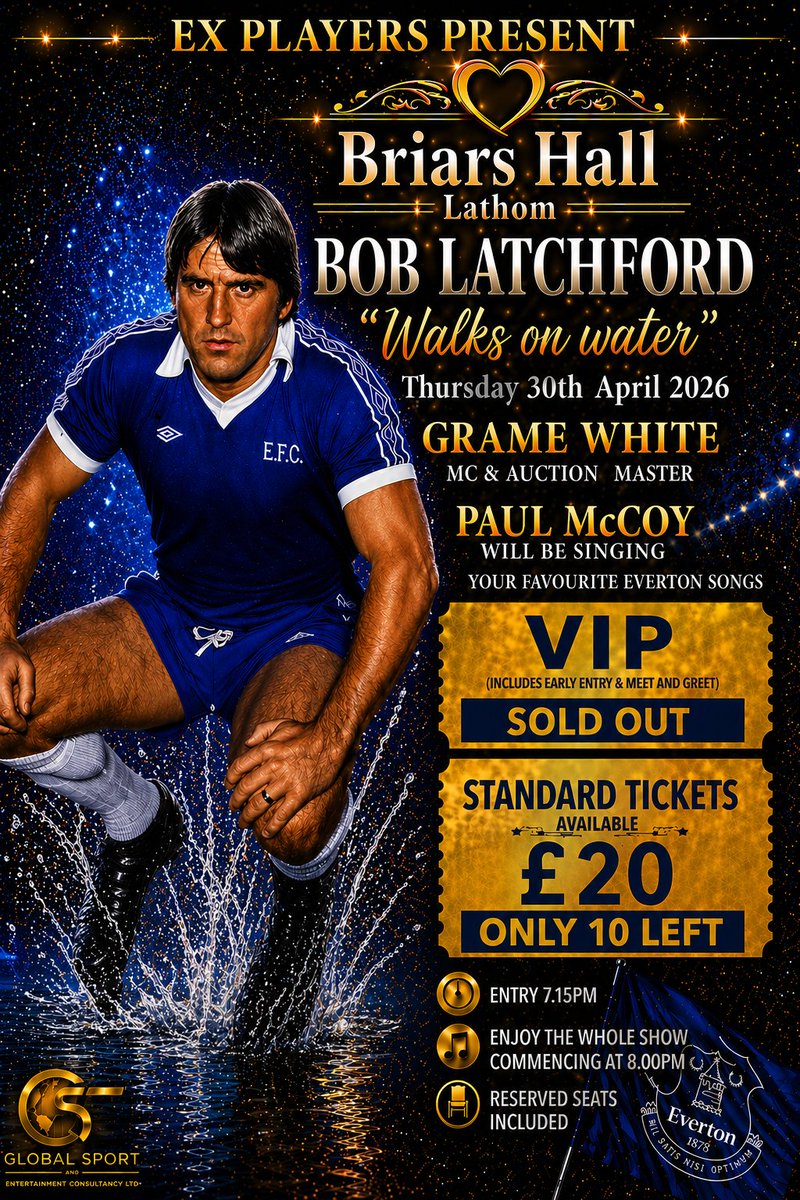 GSaEConsultancy's tweet photo. EVERTONIANS Massive news about BOB LATCHFORD night on Thursday.

Demand for tickets has been phenomenal.
Briars Hall have agreed to allow 1 more table of 10 

Standard tickets only. 

Book NOW to avoid disapointment.
Click link below.

https://t.co/8EiubfrZXm https://t.co/dPfsBKoEfS