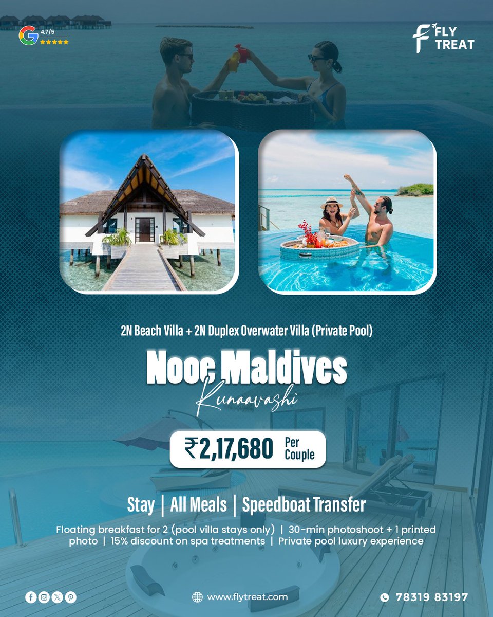 Flytreat_Tour's tweet photo. Maldives is not a destination… it’s a flex 🌊✨

From 💎 overwater villas to 🏝️ private pool stays…
This is what luxury actually feels like.
💙 2N Beach Villa + 2N Water Villa
💙 All Meals + Transfers Included
📞 DM or Call now: 78319 83197
🌐 https://t.co/mKeOEYH8Pj https://t.co/WBgUgk55Gd