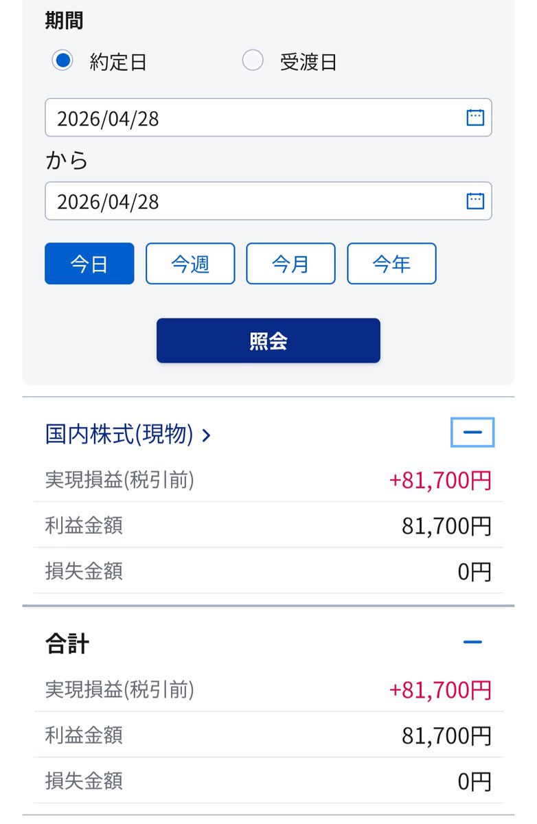 今日のトレード結果。

昨日の後場で下落したキオクシアを現物で1枚持ち越して今日の前場で利確。

今日は日経平均が6万を割って全体的に下げ相場だったにもかかわらず、キオクシアは普通に上がってくれて助かった😅
一応、急落しても焦って損切りしなくていいよう保険として現物で持ち越してます。