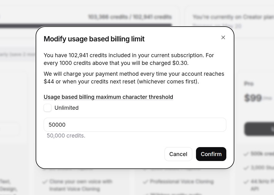 +1 

When I am tweaking (finally) usage based billing, the greatest helper text is shown "{x} credits." (with a dot). Instead of something like "Maximum amount of credits you will be charged for on top of your plan - {x} credits"

THX