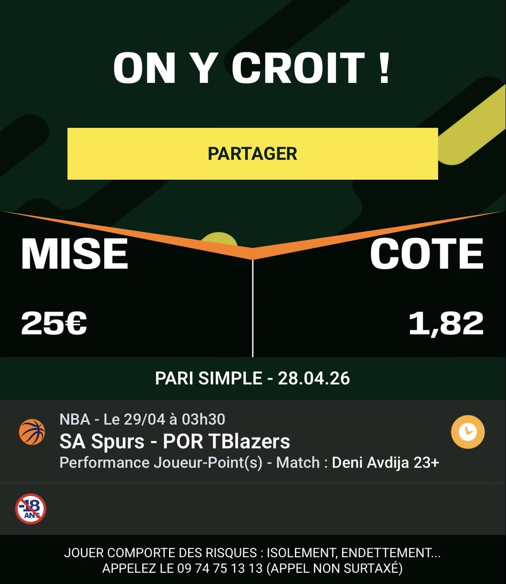 SknurtBetting's tweet image. 🗓️ 28/04 - #NBA Playoffs Pick #3 :

🎯 Deni Avdija +22,5 points @ 1,82 | 1,25%

Cut passé 31/35 cette saison lorsqu’il joue 35+ minutes (28,4 pts/m). Elimination-game oblige, il est projeté à 38+ avec un gros volume de tirs.

👉 RT♻️ si tu suis &amp;amp; ❤️ si tu soutiens ! GL 🍀