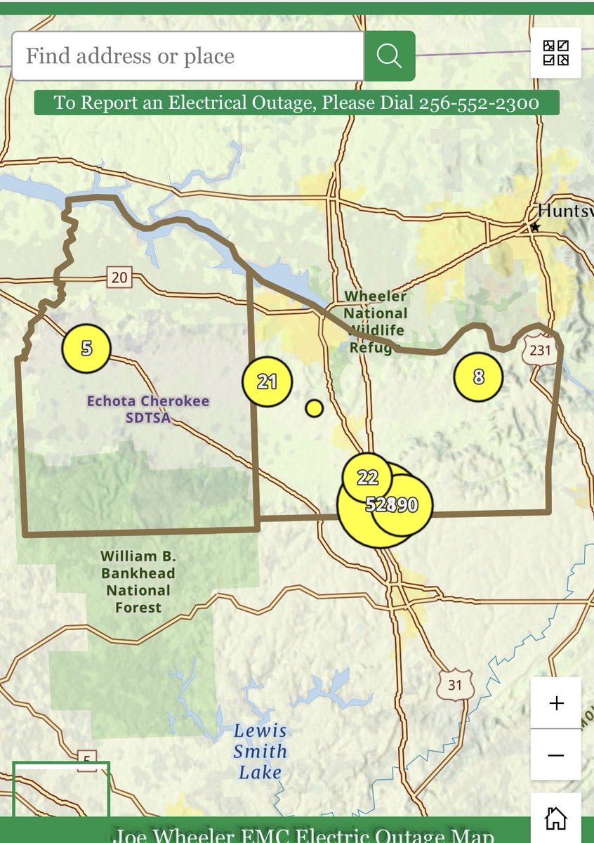 JWEMC's tweet photo. The storms moving through this morning have left several hundred members without power. At this time we have 778 members without electricity from several outages scattered across the service area. The largest of these is in the Falkville area, affecting about 740 members. Crews are already dispatched with more on the way. We will update you here and you can see the live outage map at https://t.co/7aCJT1gCzG.
@morgan_sheriff @MorganCounty911 @morgancoema @EMAlawrenceal