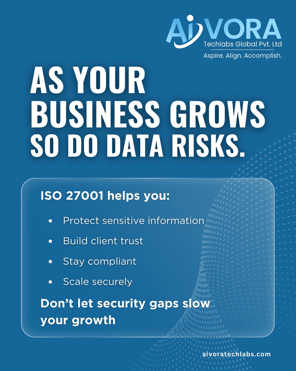AIVORATechlabs's tweet image. Scaling your business? Secure it with ISO 27001:2022 Certification.

With Aivora Techlabs + AIVORA Comply 360, identify gaps faster and get certification-ready with confidence.

#ISO27001:2022 #CyberSecurity #DataProtection #BusinessCompliance #AIVORAComply360 #AivoraTechlabs