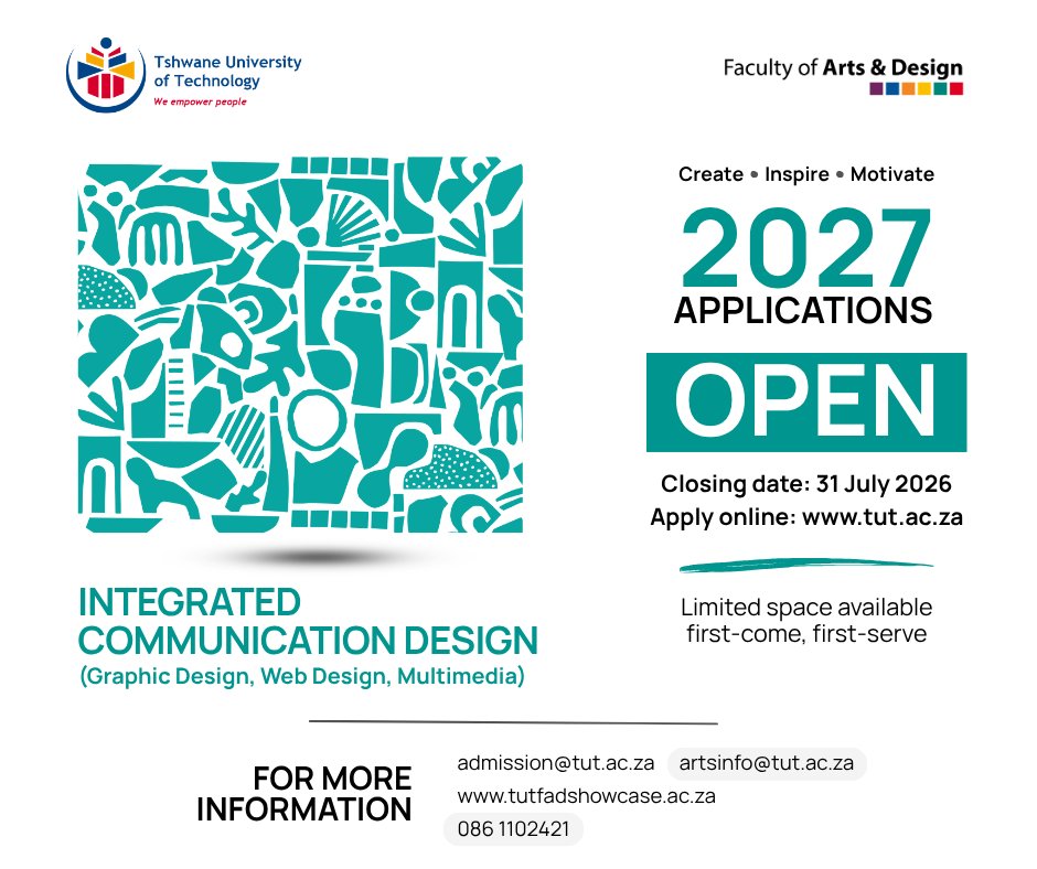 TUTArts's tweet image. Design the digital world.    
Closing date: 31 July 2026 
Apply online: tut.ac.za 

#GraphicDesign #WebDesign #TUT #ApplyNow