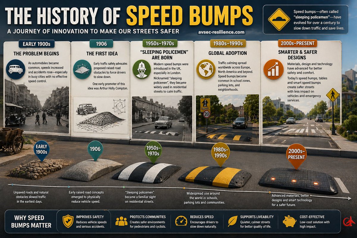 AvKeep's tweet photo. From “sleeping policemen” to smart streets 🚗💡
Speed bumps have been slowing us down (for the right reasons) for over a century.
A simple idea. A big impact. Safer communities everywhere.

#SpeedBumps #TrafficCalming #RoadSafety #UrbanDesign #Innovation https://t.co/wB3Yqy9QkN
