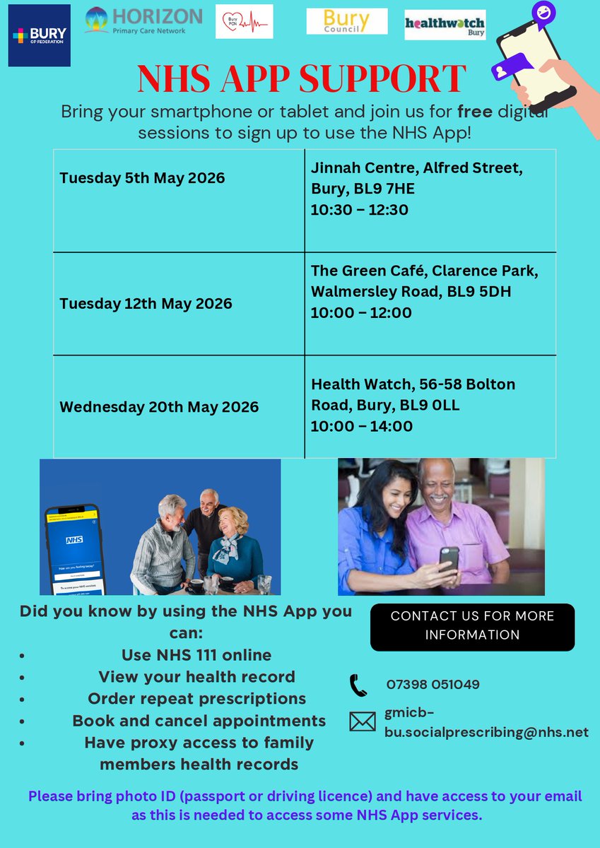 older_team's tweet image. 📱 Free NHS App Support in Bury

Drop‑in help to set up &amp;amp; use the NHS App. Bring your photo ID.

📅 5, 12 &amp;amp; 20 May
📞 07398 051049

#NHSApp #Bury #DigitalSupport #NHS