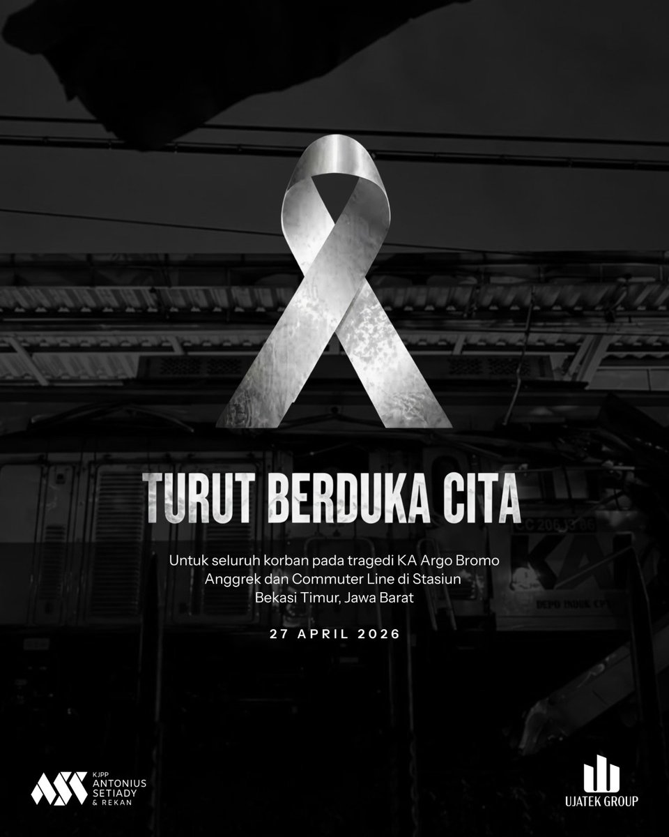 DennySetiady's tweet photo. Segenap Management &amp; Staff Ujatek Group menyampaikan duka cita yang sedalam-dalamnya atas tragedi kecelakaan KA Argo Bromo Anggrek dan KRL Commuter Line di Stasiun Bekasi Timur, 27 April 2026.

#BekasiBerduka 
#KABekasi 
#ArgoAnggrekKRL 
#UB
#Ujatek
#UjatekGroup
#UjatekGroup2026 https://t.co/Ml8ztBoSEo