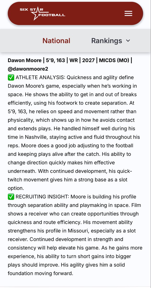 dawonmoore2's tweet photo. I appreciate the write up from the Rivals Nashville Camp. Great competition all around! @6starfootballMO @sixstarfootball @MICDSfootball @jasonthomasfb @nmenneke77 @Raybarnes686gm1 @RivalsCamp @TheUCReport https://t.co/lcRDaYzcjr