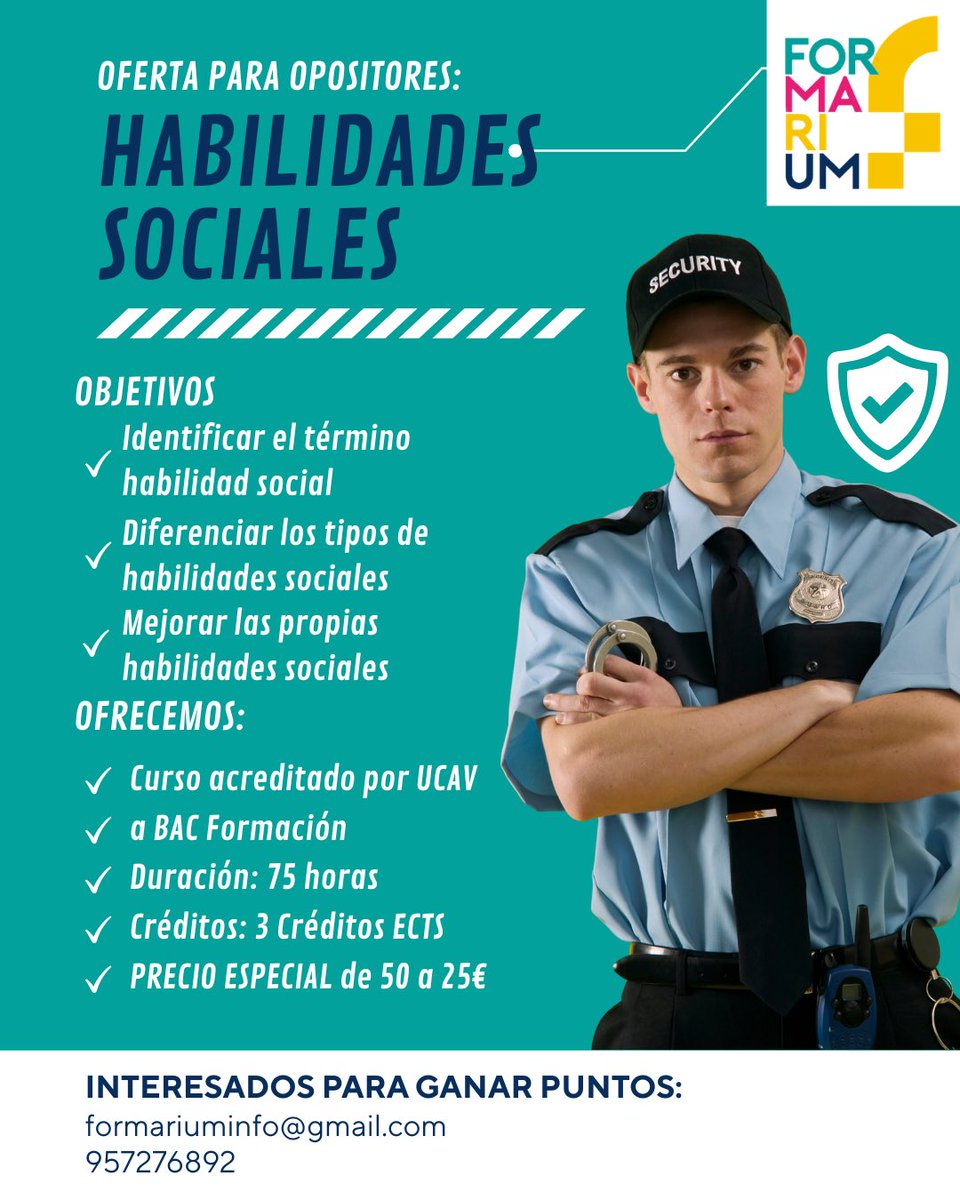 Formarium_'s tweet photo. 🚨 OFERTA OPOSITORES 🚨 Gana puntos con el curso de Habilidades Sociales. 
✅ 75 horas | 3 Créditos ECTS 
✅ Acreditado por UCAV 💸 De 50€ a 25€ 
📞 Interesados: 957276892 | formariuminfo@gmail.com #Oposiciones #Baremo https://t.co/Wa4Uqgh2mL