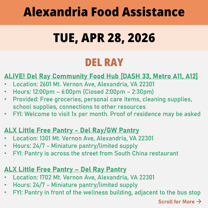 hungerfreealx's tweet image. (Post 1 of 2) On Tuesday, April 28, here are open locations in Alexandria, VA for food assistance, organized by neighborhood. Everybody deserves to eat. #help #finding #food #alexandriava