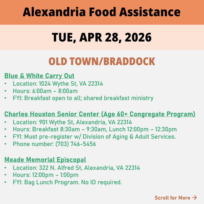 hungerfreealx's tweet image. (Post 1 of 2) On Tuesday, April 28, here are open locations in Alexandria, VA for food assistance, organized by neighborhood. Everybody deserves to eat. #help #finding #food #alexandriava