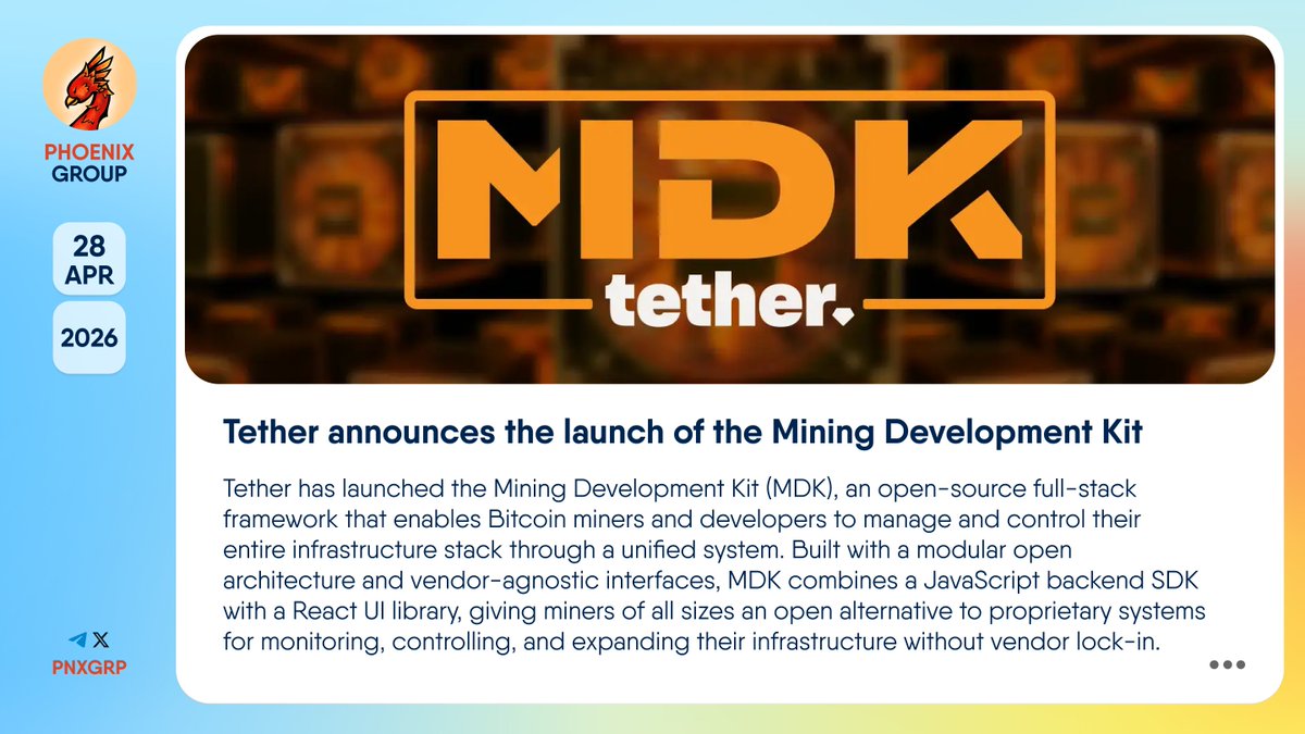 pnxgrp's tweet image. 🔥 @Tether announces the launch of the Mining Development Kit

#Tether has launched the Mining Development Kit (MDK), an open-source full-stack framework that enables #Bitcoin miners and developers to manage and control their entire infrastructure stack through a unified system.