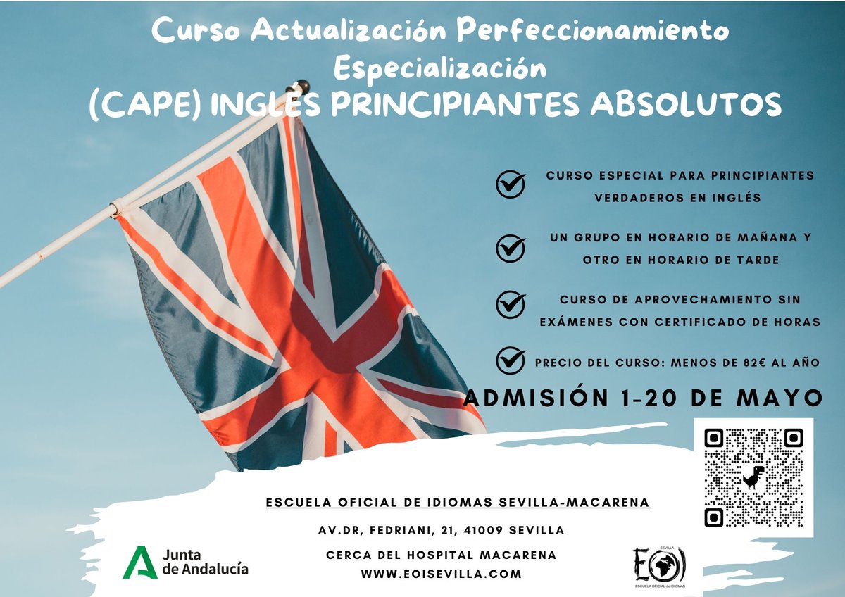eoisevilla's tweet photo. Nunca has estudiado inglés, ¡apúntate del 1 al 20 de mayo en nuestro curso de Principiantes absolutos! Novedad: curso en horario de mañana o en horario de tarde. Más info en https://t.co/rmASw5OJhe https://t.co/tPLgxA5zK5