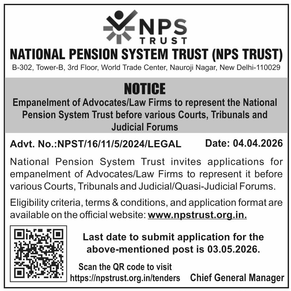 nps_trust's tweet image. National Pension System Trust invites applications for empanelment of Advocates/Law Firms to represent it before various Courts, Tribunals &amp;amp; Judicial/Quasi-Judicial Forums.

For detailed notification, please visit npstrust.org.in/tenders #npstrust #Empanelment #advocate #lawfirm