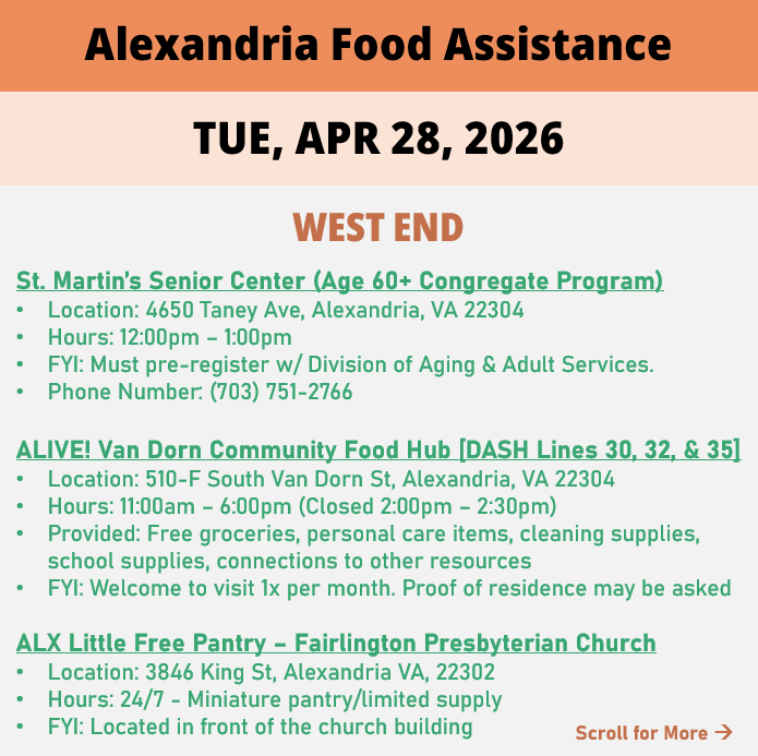 hungerfreealx's tweet image. (Post 2 of 2) On Tuesday, April 28, here are open locations in Alexandria, VA for food assistance, organized by neighborhood. Everybody deserves to eat. #help #finding #food #alexandriava