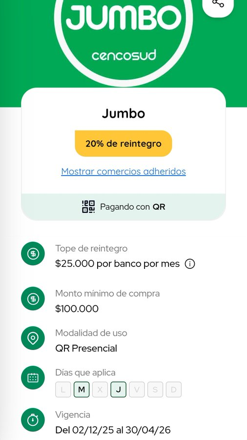 AhorrandoAndoAr's tweet image. Jumbo

Los martes y jueves hay 20% de reintegro en locales Jumbo pagando con QR de MODO + tarjetas de bancos adheridos.

Acumula con otras promociones!

Tope de reintegro: $25.000 por banco por mes
Monto mínimo de compra: $100.000

Vigencia: hasta el 30/04

Más info: