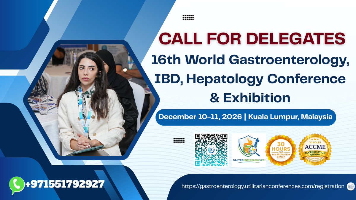 gastro_ucg's tweet image. 📢 Call for Delegates
16th World Gastroenterology, IBD, Hepatology Conference &amp;amp; Exhibition from Dec 10–11, 2026, in Kuala Lumpur, Malaysia
…enterology.utilitarianconferences.com/registration
wa.me/+971551792927
#GutMicrobiome #Probiotics #GutHealth #Microbiota #DigestiveHealth #HealthScience #GI