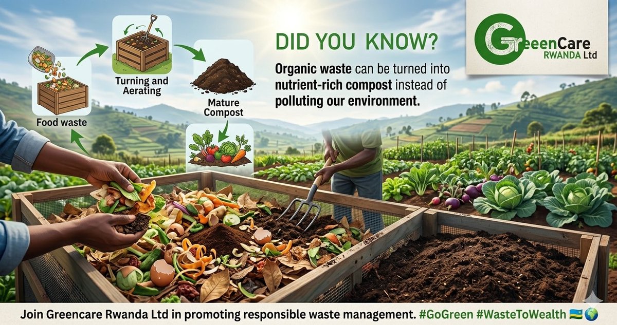 GreencareRwanda's tweet image. Did you know? Organic waste can be turned into nutrient-rich compost instead of polluting our environment. 🌍
Join Greencare Rwanda Ltd in promoting responsible waste management. #GoGreen #WasteToWealth