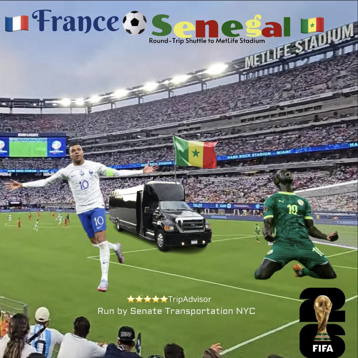 SenateTransport's tweet image. Both countries speak #FRENCH 
(1) #country is located in #WestAfrica while the other is in Western #Europe , but on June 16th both #soccerteams will be  @MetLifeStadium 

🇸🇳 ⚽️ 🇫🇷 ⚽️
Book A $65 ROUND-TRIP seat on our shuttle departing from Times Square: 
senatetransportationnewyork.com