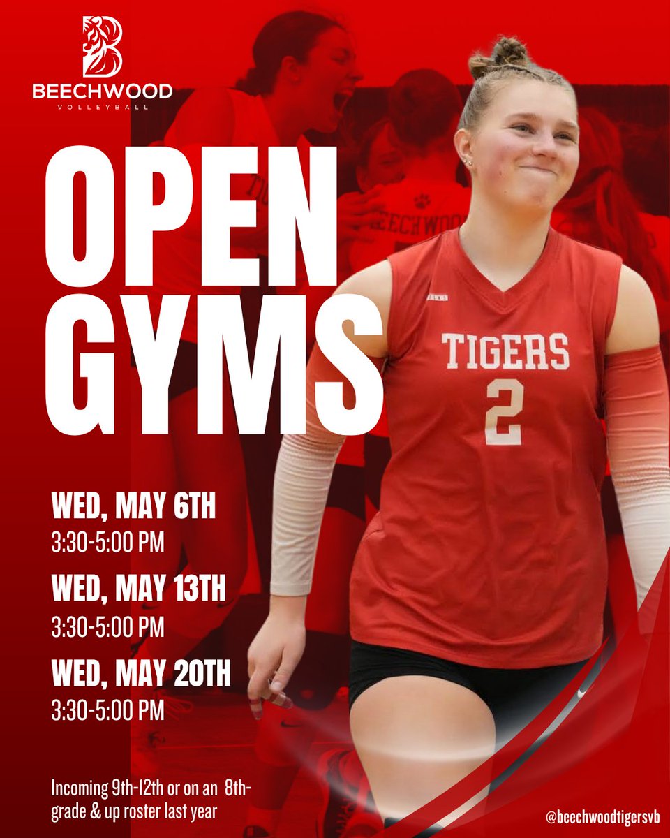 BeechwoodVB's tweet photo. It’s gonna be MAY! 😎🏐

Which means it’s time to get in the gym.
High School open gyms are here. Come compete, improve, and bring the energy.

👉 Wednesdays at 3:30 in the Varsity gym
#LetsGoTigers #BHSvolleyball #itsGonnaBeMay https://t.co/0ZUWWPhyCh