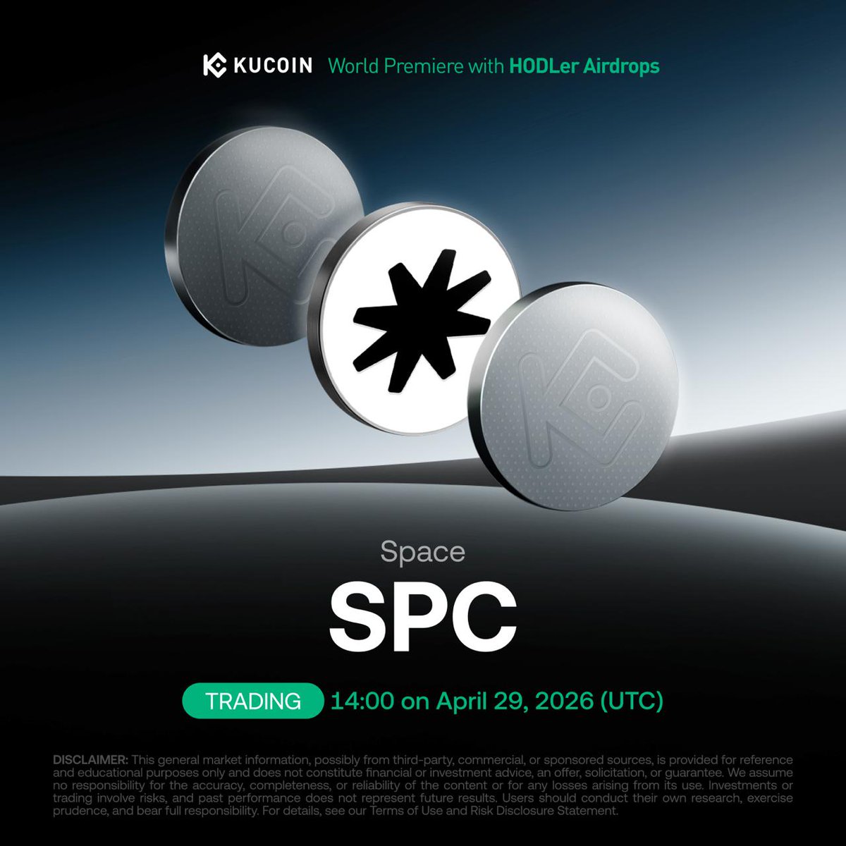 kucoincom's tweet image. 📢 World Premiere Listing: @intodotspace $SPC Is Coming to #KuCoin!
🎁 With HODLer Airdrops: 1,250,000 SPC for KCS holders
 
Space is a decentralized prediction market platform built on Solana where you can trade on real-world outcomes across crypto, politics, sports, technology,