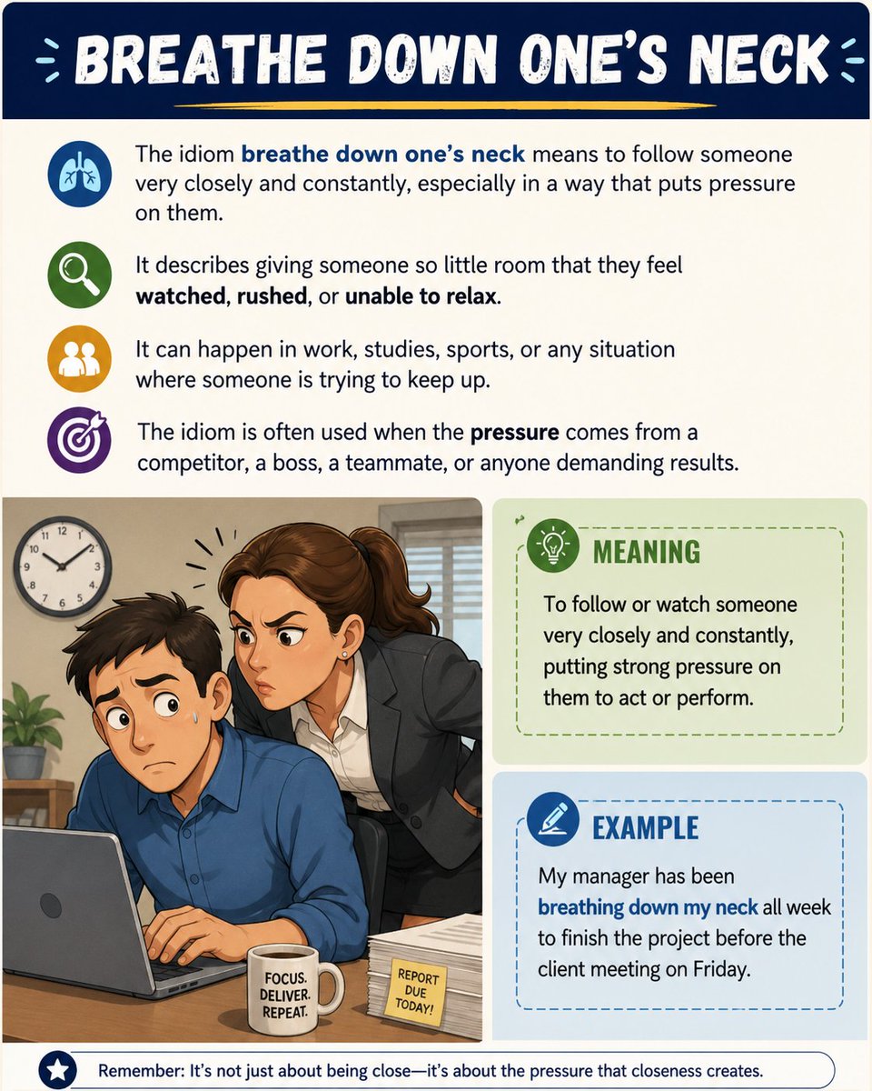 Herminio_EOI's tweet image. ✔️Breathe down someone’s neck

》To follow, watch or supervise someone very closely, in a way that creates pressure and stress.

▪︎ I can’t work properly with someone breathing down my neck all the time. That's what my boss does every day.

#Learning #English #idioms #TEFL