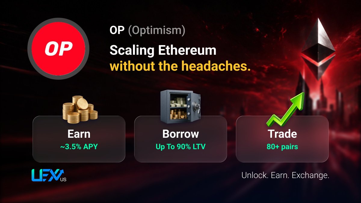 Scaling Ethereum… without the headaches.

Optimism makes transactions faster and cheaper - the way it should be.
Why it matters: Ethereum grows, but only if it can scale.

On UEX US:
→ Earn ~3.5% APY on $OP
→ Borrow against it (up to 90% LTV)
→ Trade across 80+ pairs with