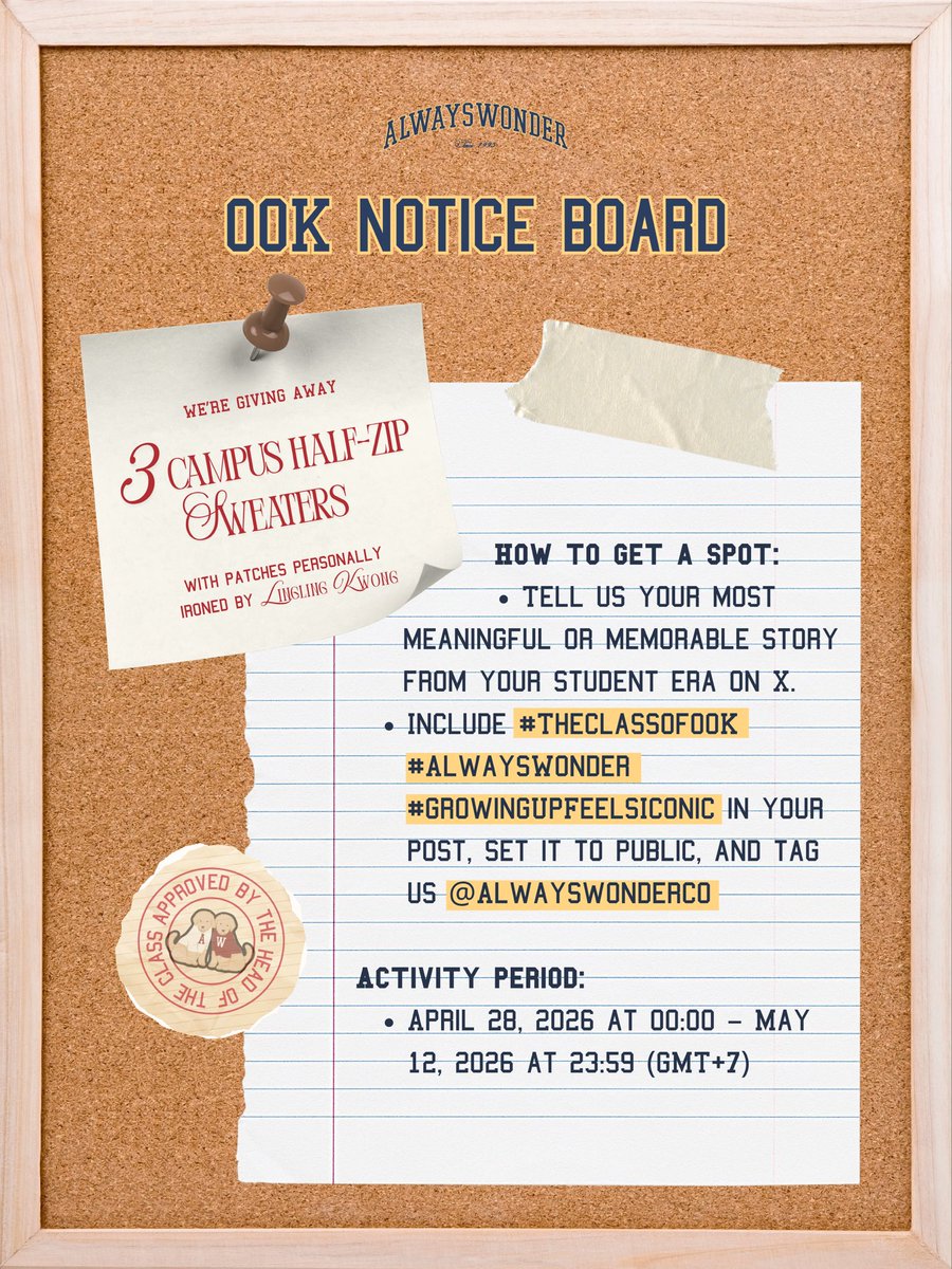 AlwayswonderCo's tweet image. 📌 00K NOTICE BOARD

A special treat from our head of the class to you! ✨

The Class of 00K begins on April 30, 2026 at 12:00 PM (GMT+7)
🌐 Website: alwayswonder-co.com
🔗 LINE Shopping: shop.line.me/@alwayswonder.…

#TheClassOf00K #AlwaysWonder #GrowingUpFeelsIconic