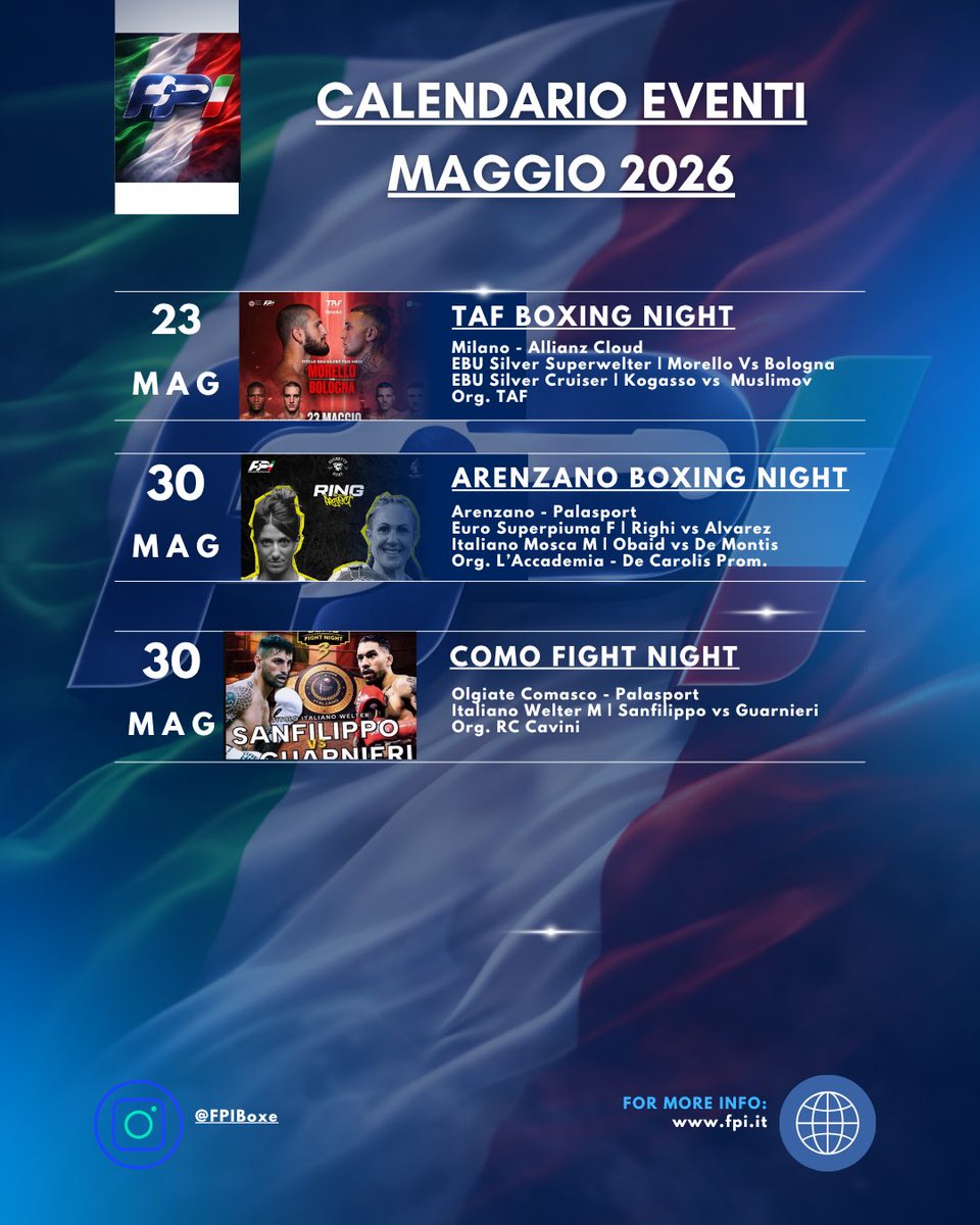 FPIBoxe's tweet image. 🥊 📆Calendario Eventi Pro Maggio 2026
 
🥊 🇮🇹info fpi.it 

🥊 NB Eventi con titoli italiani o internazionali in palio 

#Itaboxing #Boxing #Boxer #Pugilato #boxeo