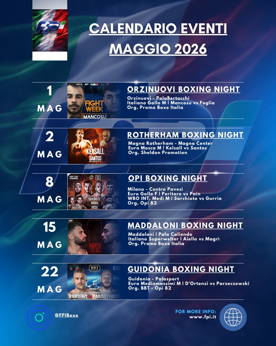 FPIBoxe's tweet image. 🥊 📆Calendario Eventi Pro Maggio 2026
 
🥊 🇮🇹info fpi.it 

🥊 NB Eventi con titoli italiani o internazionali in palio 

#Itaboxing #Boxing #Boxer #Pugilato #boxeo