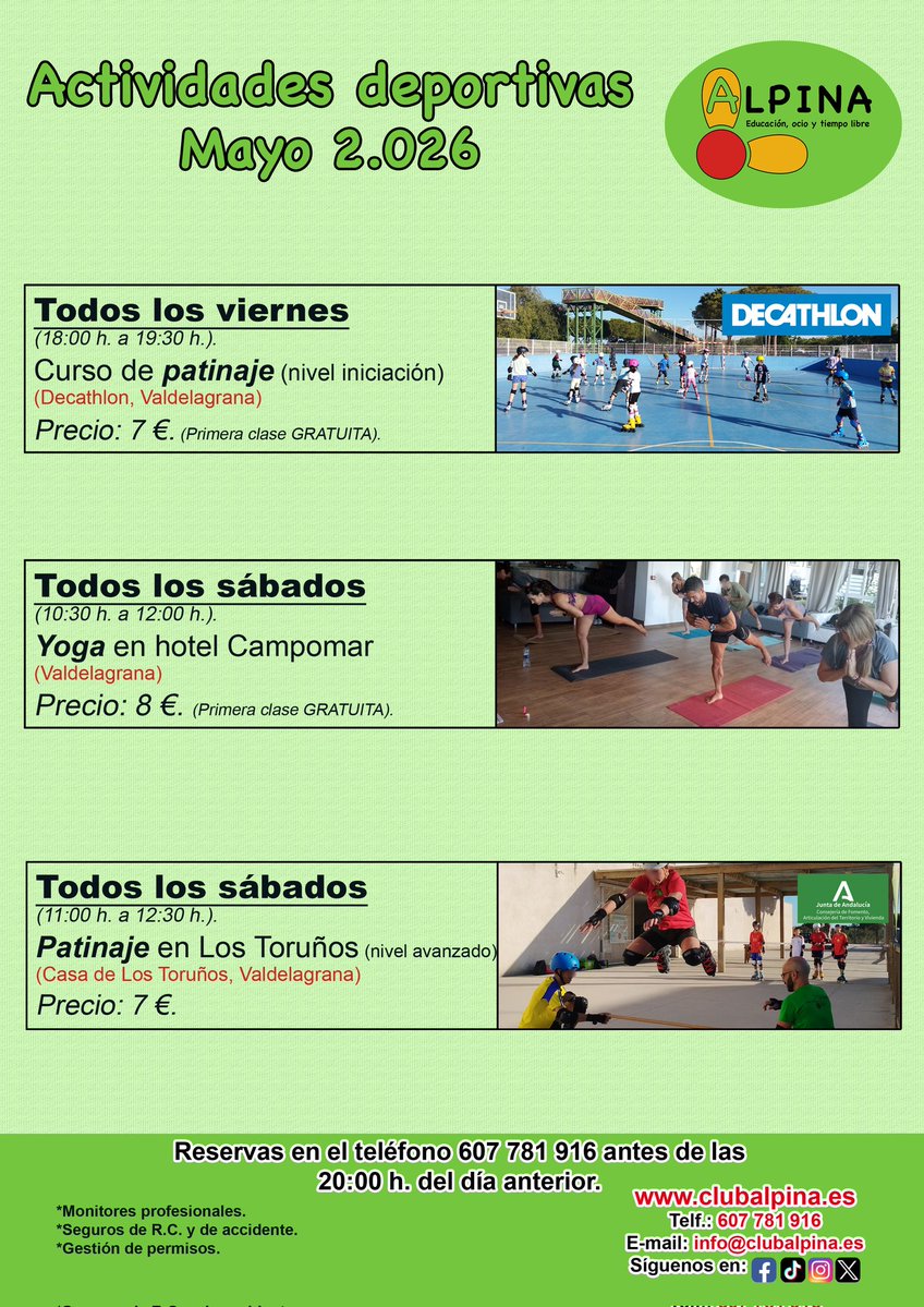 ALPINA_eotl's tweet image. Actividades deportivas de mayo.

☎️Información y reservas: 607781916.

#ociocadiz #patinaje #yoga #actividades #cadiz @CadizTurismo @TurismoElPuerto @TurismoJerez @TurismoRota @ParqueTorunos @TurismoPtoReal @Turismochiclana @Sfdoturismo @TurismoChipiona @TurismoSanlucar