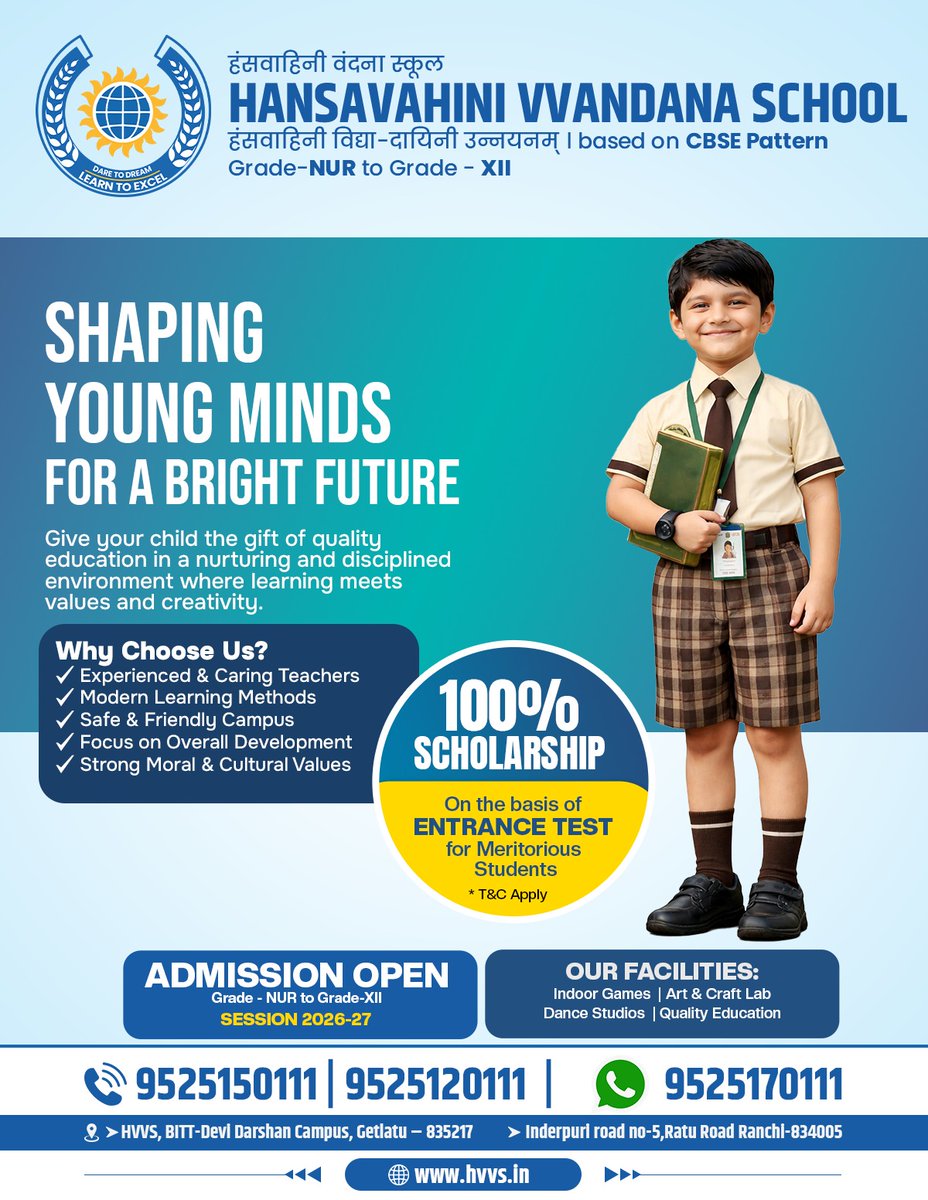 HVVSchool's tweet image. Give your child the gift of quality education and a brighter future with Hansavahini Vandana School 🌟📚

📞 9525150111 | 9525120111 | 9525170111
🌐 hvvs.in

#AdmissionOpen #CBSESchool #QualityEducation #BrightFuture #StudentSuccess #SchoolAdmission
