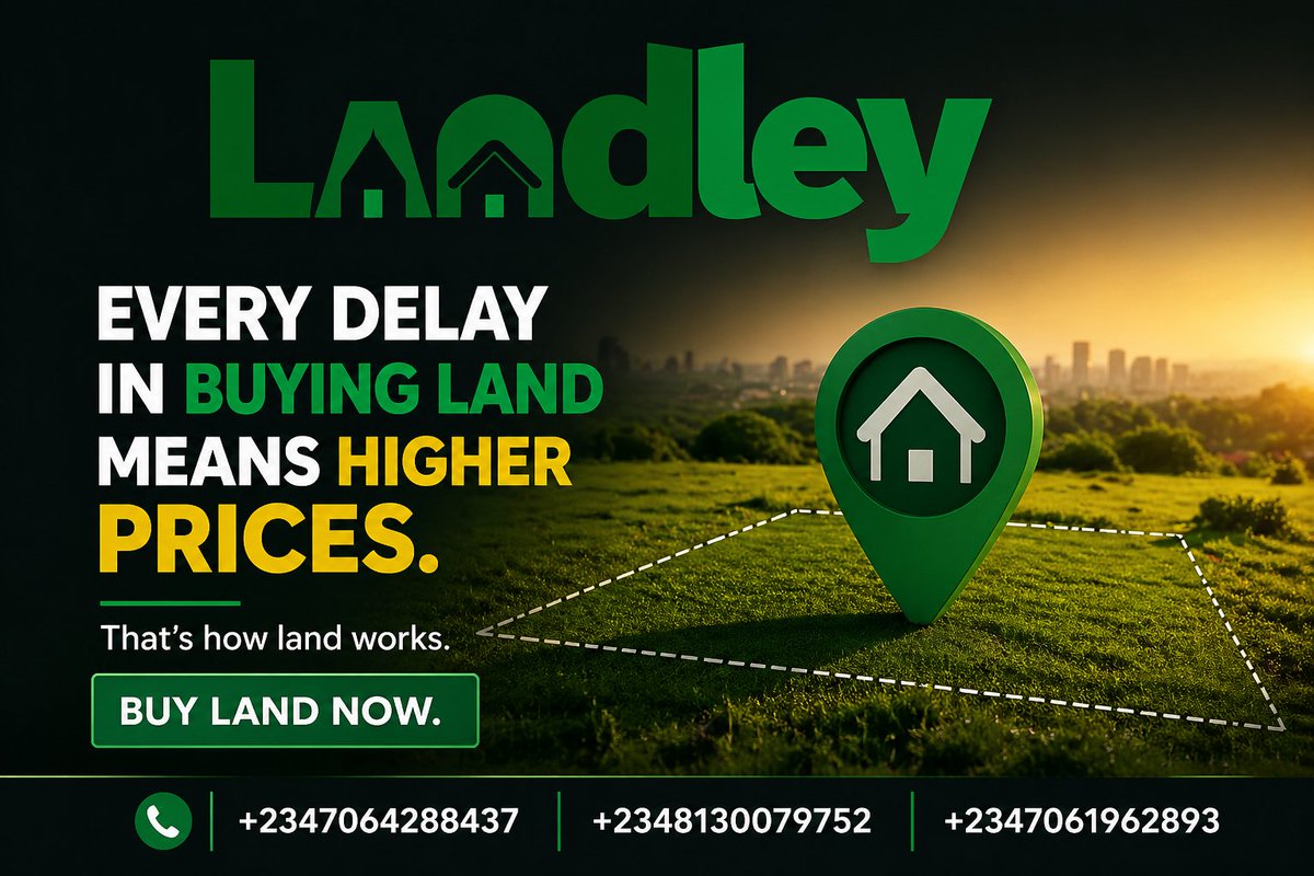 Landley_homes's tweet image. Every delay in buying land costs you more. Land prices don’t wait, and neither should you. The earlier you secure your plot, the more you save and gain.
Make the move today. Buy land now with Landley.
#Landley #LandInvestment #BuyLandNow #RealEstateNigeria #PropertyInvestment